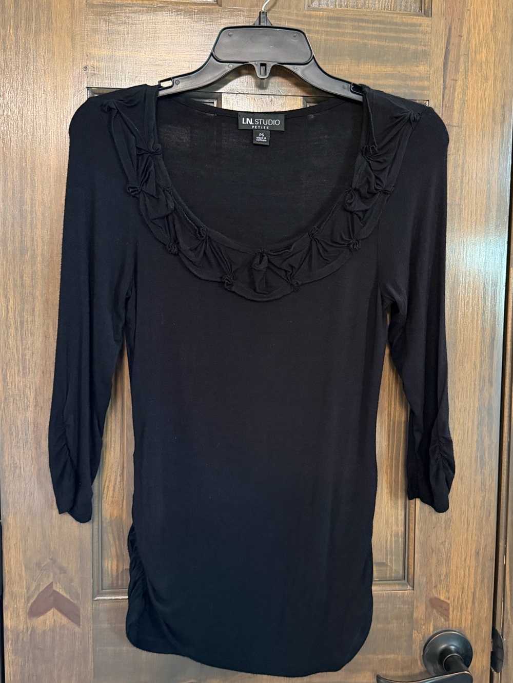 I.N. Studio Black Scoop Neck Long Sleeve Top with Ruffle Detail